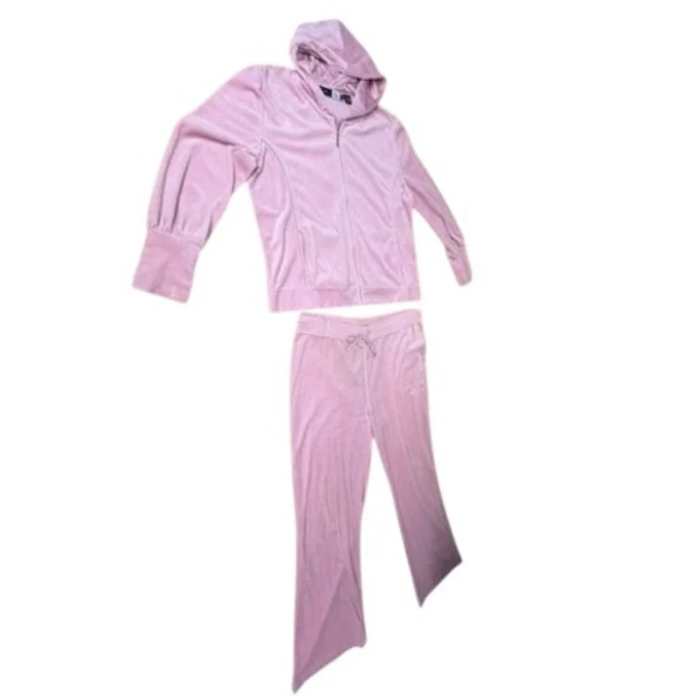 Saks Fifth Ave Pink Velour Tracksuit Set Zip Up Hoodie & Pants Y2K Loungewear
